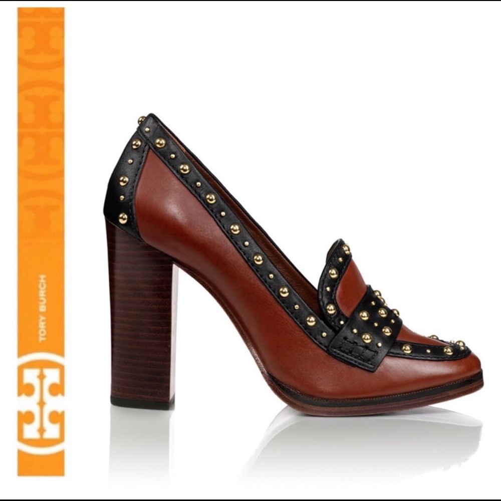 TORY BURCH COGNAC BLACK STUDDED HEELS